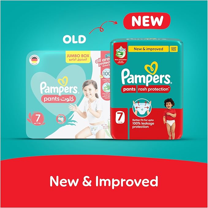 Pampers Rash Protection Pants Diapers, Size 7, 17+kg, +50% Aloe Vera Lotion, 360° Leak-Free Fit for up to 100% Leakage Protection, Giga Box, 144 Count