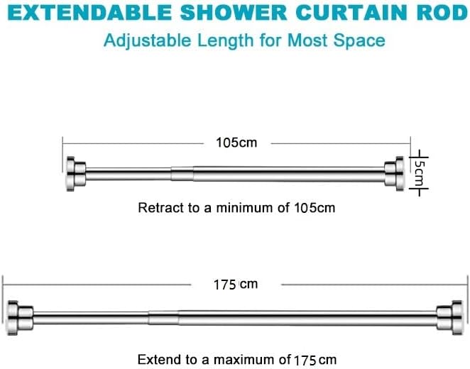Telescopic Shower Curtain Rod：Never Rust 304 Stainless Steel Tension Spring Curtain Rod - Non-Slip Adjustable Tension Pole –No Drilling Extendable Pole (105-170cm)