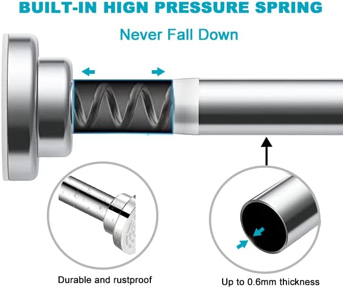 Telescopic Shower Curtain Rod：Never Rust 304 Stainless Steel Tension Spring Curtain Rod - Non-Slip Adjustable Tension Pole –No Drilling Extendable Pole (105-170cm)