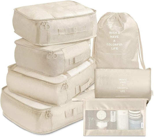 VAGREEZ Travel Luggage Packing Organizers Set with Toiletry Bag, 7 Pieces, Beige