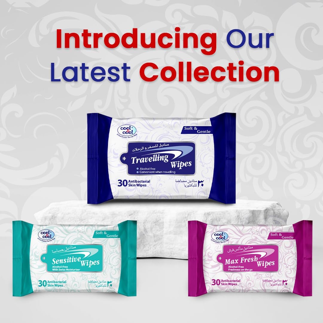 Cool & Cool Travelling Wipes - 30's (Pack of 3) - Convenient for Travel,Antibacterial Skin Wipes with Vitamin E,Aloe Vera Gel & Herb Extract,Alcohol-Free,Soft & Gentle - 90 Wipes