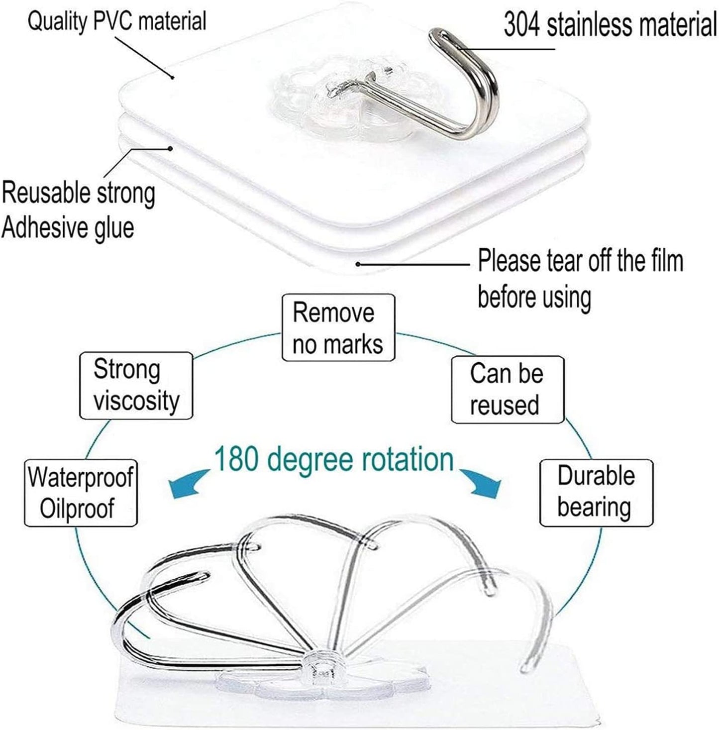 Sky-Touch Adhesive Hooks Heavy Duty Wall Hooks 20Pack 8Kg Max, Self Adhesive Hook