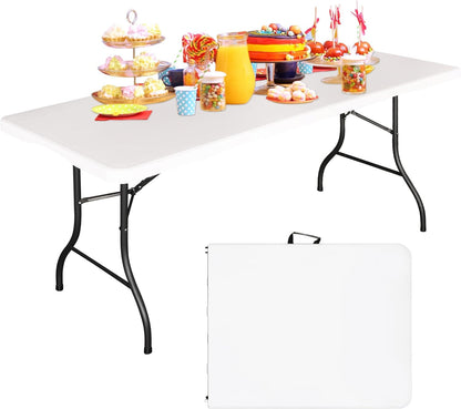 MOMENT Foldable Lightweight Trestle Outdoor Camping Tables, Heavy Duty Plastic Outdoor Folding Picnic Table, Folding Trestle Table For BBQ Party, Folds in Half with Carry Handle, White (180x75cm)