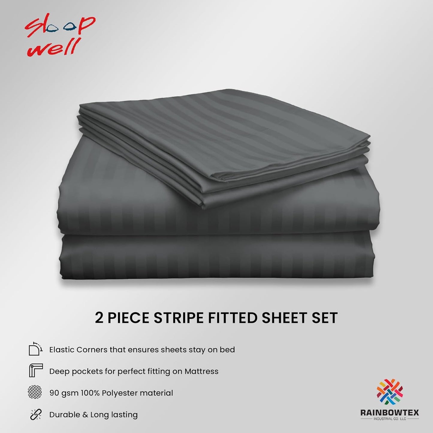 Sleep Well Microfiber Stripe Fitted Sheet with Pillowcase Set - 90x200+17cm (Grey)