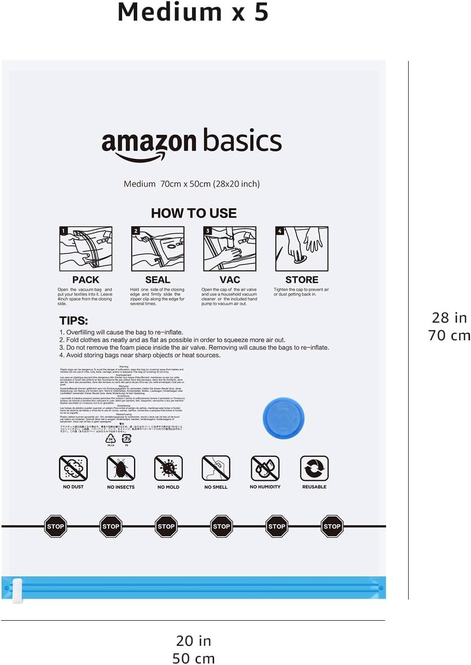 Amazon Basics Vacuum Compression Zipper Storage Bags with Airtight Valve and Hand Pump, Medium, 5-Pack, Clear