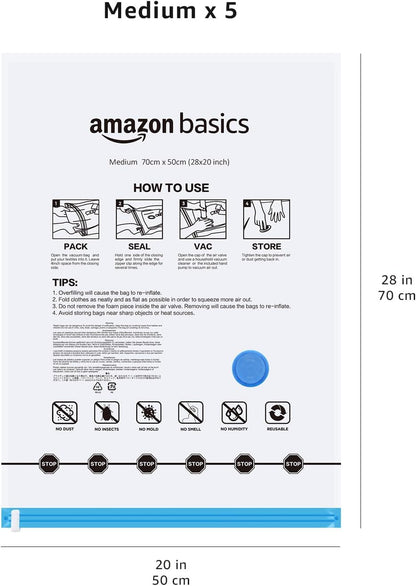 Amazon Basics Vacuum Compression Zipper Storage Bags with Airtight Valve and Hand Pump, Medium, 5-Pack, Clear