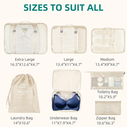 VAGREEZ Travel Luggage Packing Organizers Set with Toiletry Bag, 7 Pieces, Beige