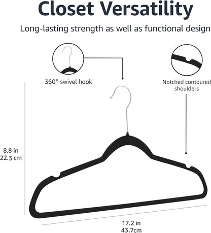 Amazon Basics Slim Velvet, Non-Slip Suit Clothes Hangers, Pack of 100, Black/Silver