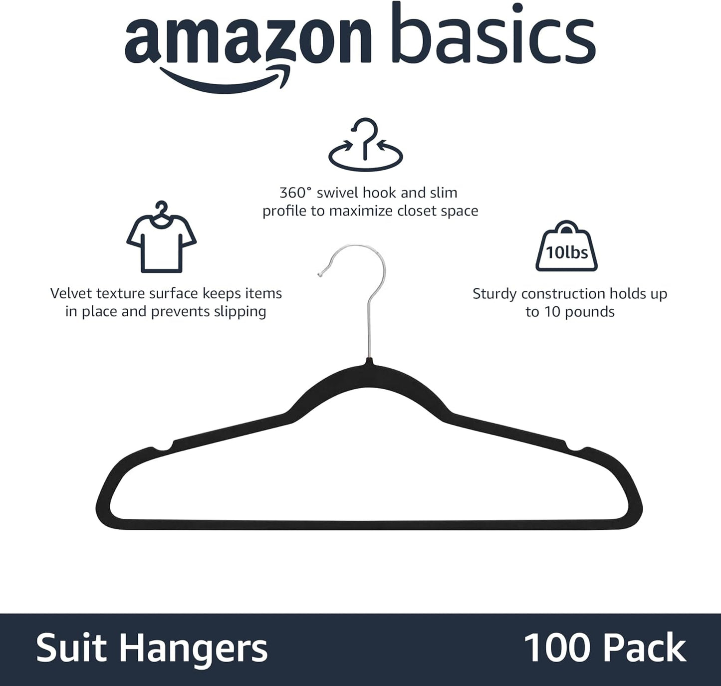 Amazon Basics Slim Velvet, Non-Slip Suit Clothes Hangers, Pack of 100, Black/Silver