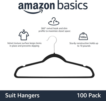 Amazon Basics Slim Velvet, Non-Slip Suit Clothes Hangers, Pack of 100, Black/Silver