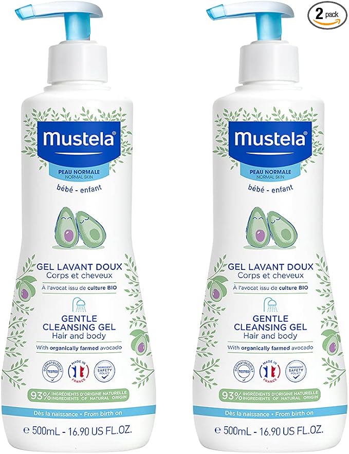 Mustela Baby Gentle Cleansing Gel - Baby Hair & Body Wash - with Natural Avocado fortified with Vitamin B5 - Biodegradable Formula & Tear-Free - Pack of 2 - 500ml