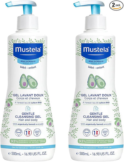 Mustela Baby Gentle Cleansing Gel - Baby Hair & Body Wash - with Natural Avocado fortified with Vitamin B5 - Biodegradable Formula & Tear-Free - Pack of 2 - 500ml