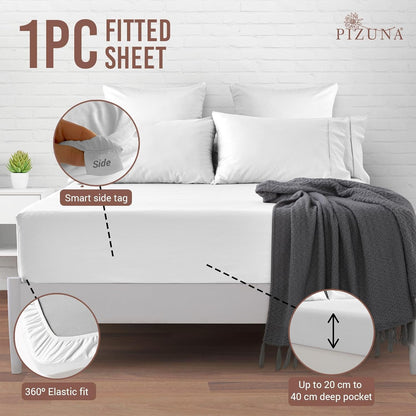 Pizuna Pure Combed Cotton King Fitted Sheet 180x200 cm White, 400 Thread Count Cool Luxury Soft 100% Long Staple Cotton Sateen Weave, 40cm Deep Pocket Bedsheet (Fitted Sheet -1PC)