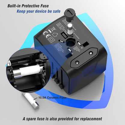 Universal International Travel Power Adapter W/ High Speed 2.4A USB-A, 3.0A USB-C Wall Charger, European Adapter, Worldwide AC Outlet Plugs Adapters for Europe, UK, US, AU, Asia-Black