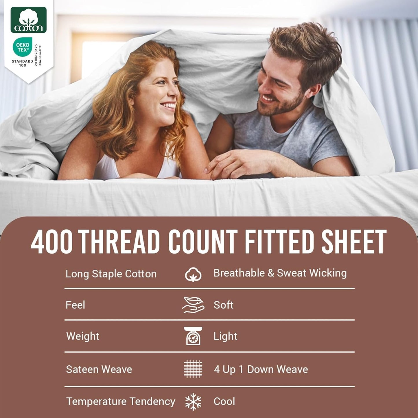 Pizuna Pure Combed Cotton King Fitted Sheet 180x200 cm White, 400 Thread Count Cool Luxury Soft 100% Long Staple Cotton Sateen Weave, 40cm Deep Pocket Bedsheet (Fitted Sheet -1PC)