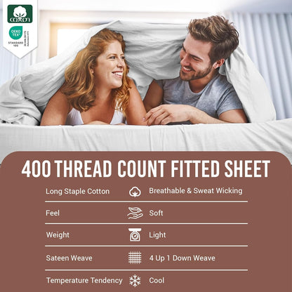 Pizuna Pure Combed Cotton King Fitted Sheet 180x200 cm White, 400 Thread Count Cool Luxury Soft 100% Long Staple Cotton Sateen Weave, 40cm Deep Pocket Bedsheet (Fitted Sheet -1PC)