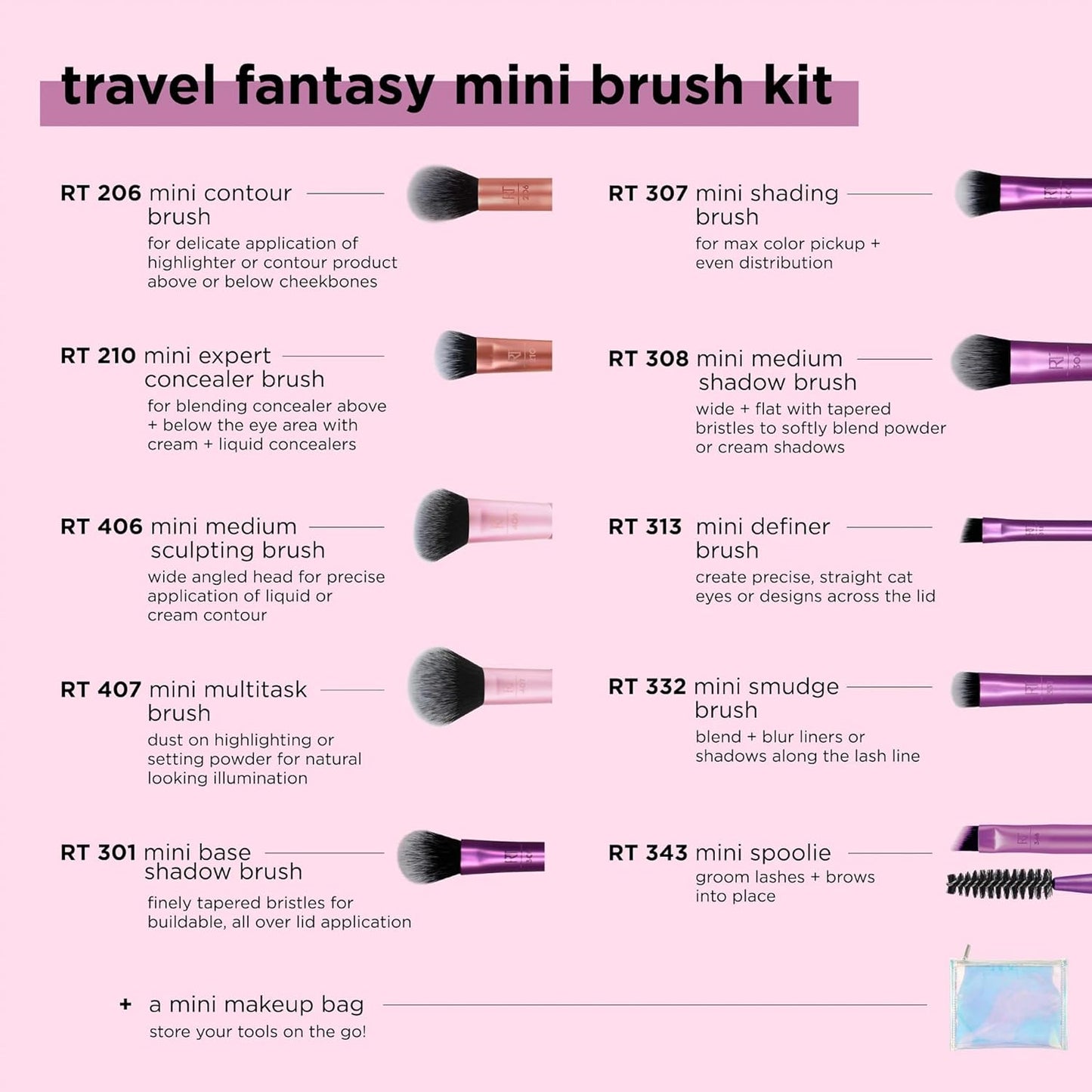 Real Technique Travel Fanstasy Mini Brush Kit, Makeup Brushes, Mini Sized Brushes, Perfect For Travel or On The Go, 10 Piece Set, Purple