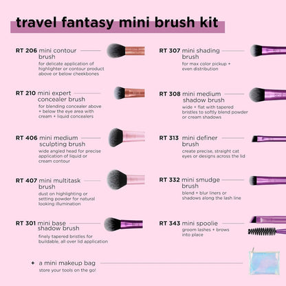 Real Technique Travel Fanstasy Mini Brush Kit, Makeup Brushes, Mini Sized Brushes, Perfect For Travel or On The Go, 10 Piece Set, Purple