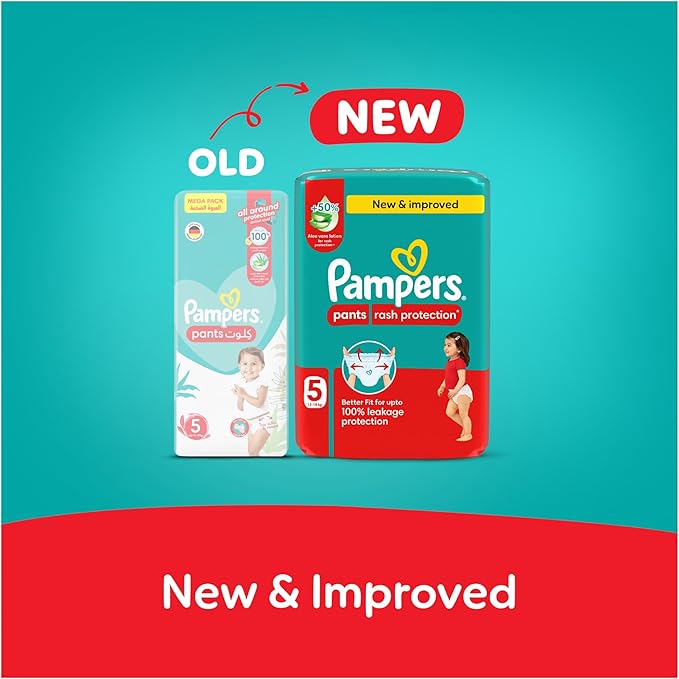 Pampers Rash Protection Pants Diapers, Size 5, 12-18kg, +50% Aloe Vera Lotion, 360° Leak-Free Fit for up to 100% Leakage Protection, Giga Box, 210 Count