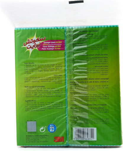 Scotch-Brite Multi-Purpose Sponge Cloth Wipe ULTRA, 4 units (3+1 Free)/pack | Quickly soaks up any liquid | Wipes like a cloth, absorbs like a sponge | Kitchen cloth | Cleaning cloth | Sponge cloth