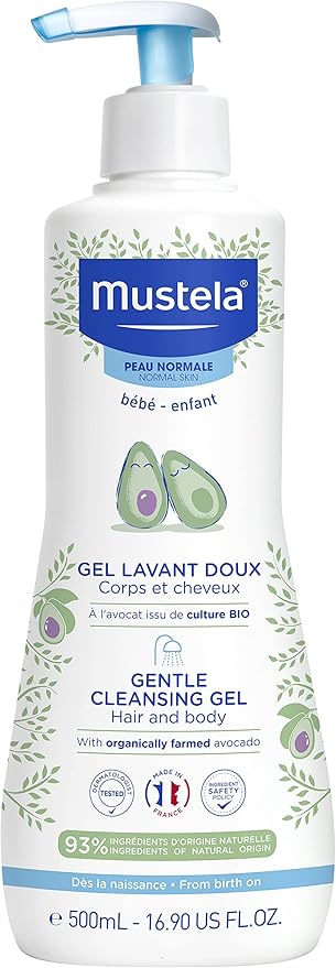 Mustela Baby Gentle Cleansing Gel - Baby Hair & Body Wash - with Natural Avocado fortified with Vitamin B5 - Biodegradable Formula & Tear-Free - Pack of 2 - 500ml