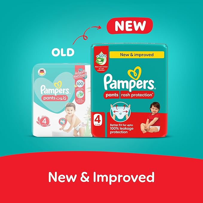 Pampers Rash Protection Pants Diapers, Size 4, 9-14kg, +50% Aloe Vera Lotion, 360° Leak-Free Fit for up to 100% Leakage Protection, Giant Pack, 136 Count