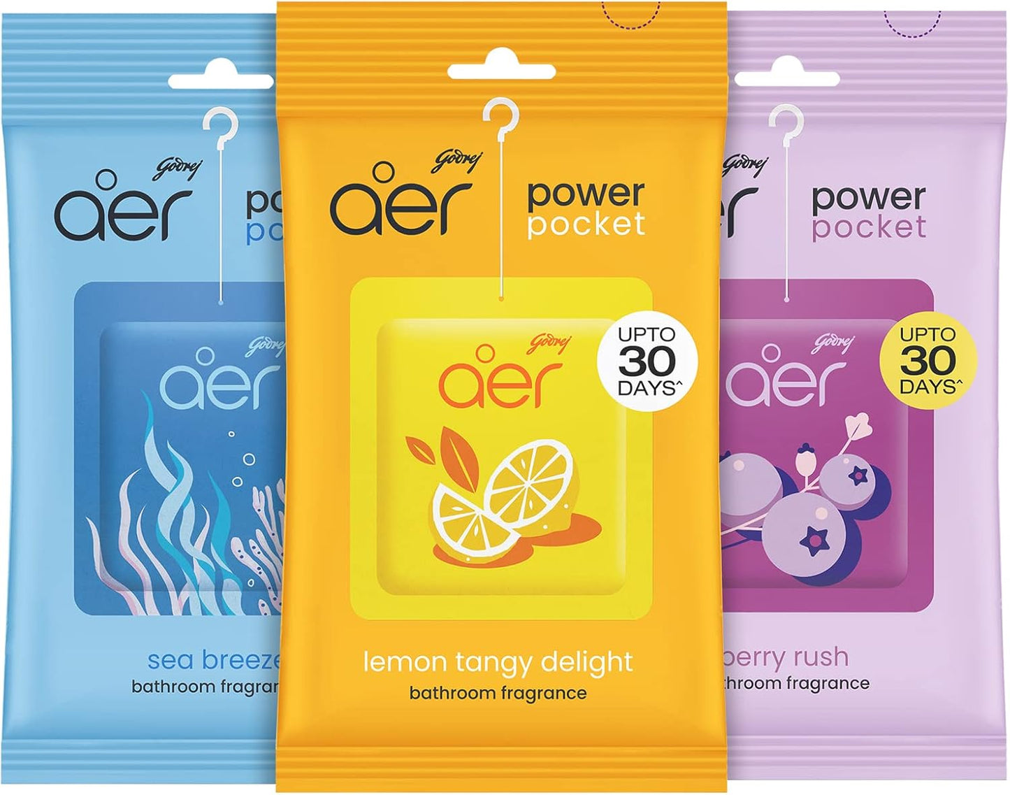 Godrej Aer Power Pocket | Air Freshener- Bathroom And Toilet | Lasts Up To 30 Days | Assorted Pack Of 3 (30G)