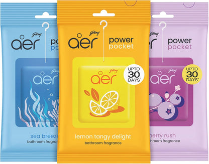 Godrej Aer Power Pocket | Air Freshener- Bathroom And Toilet | Lasts Up To 30 Days | Assorted Pack Of 3 (30G)