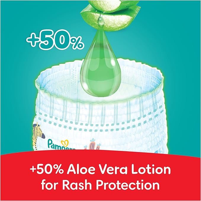 Pampers Rash Protection Pants Diapers, Size 7, 17+kg, +50% Aloe Vera Lotion, 360° Leak-Free Fit for up to 100% Leakage Protection, Giga Box, 144 Count