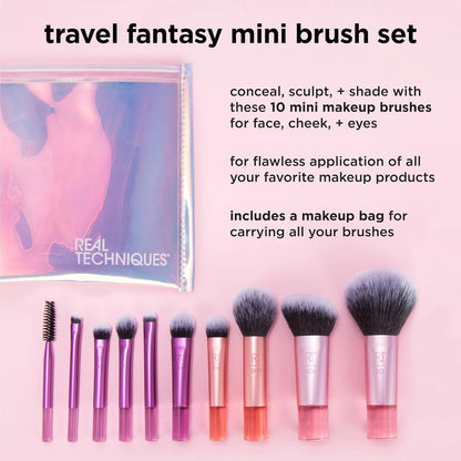 Real Technique Travel Fanstasy Mini Brush Kit, Makeup Brushes, Mini Sized Brushes, Perfect For Travel or On The Go, 10 Piece Set, Purple