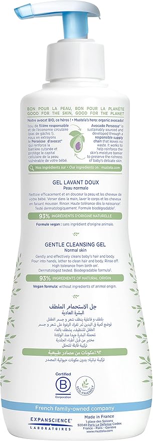 Mustela Baby Gentle Cleansing Gel - Baby Hair & Body Wash - with Natural Avocado fortified with Vitamin B5 - Biodegradable Formula & Tear-Free - Pack of 2 - 500ml