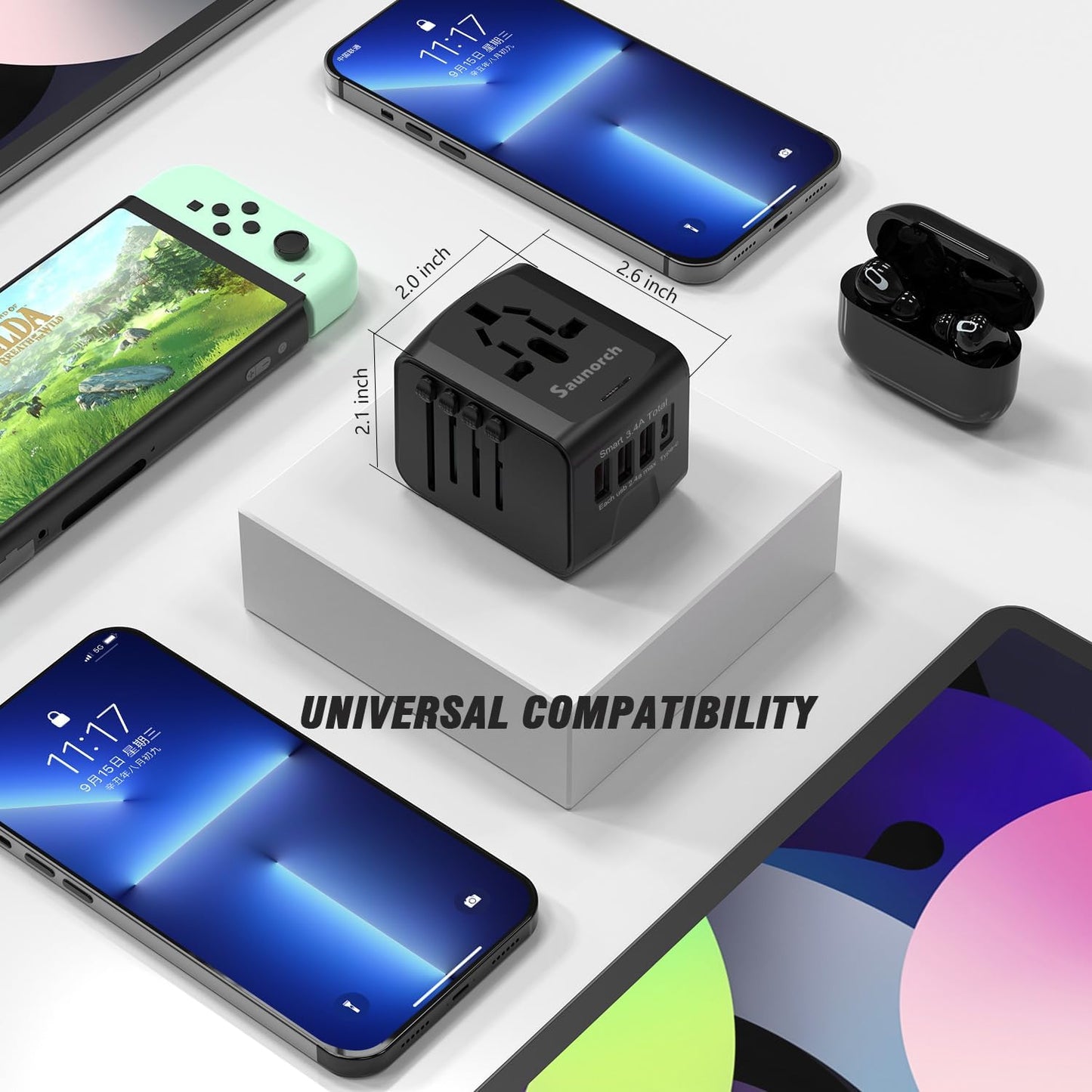 Universal International Travel Power Adapter W/ High Speed 2.4A USB-A, 3.0A USB-C Wall Charger, European Adapter, Worldwide AC Outlet Plugs Adapters for Europe, UK, US, AU, Asia-Black