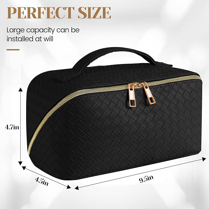 SFXULIX Large Capacity Travel Cosmetic Bag - Makeup Bag, PU Leather Waterproof Cosmetic Bag, Women Portable Travel Makeup Bag With Handle and Divider Flat Lay Makeup Organizer Bag, Black, Fashion