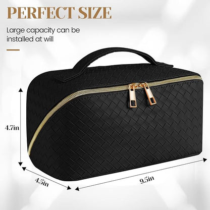 SFXULIX Large Capacity Travel Cosmetic Bag - Makeup Bag, PU Leather Waterproof Cosmetic Bag, Women Portable Travel Makeup Bag With Handle and Divider Flat Lay Makeup Organizer Bag, Black, Fashion