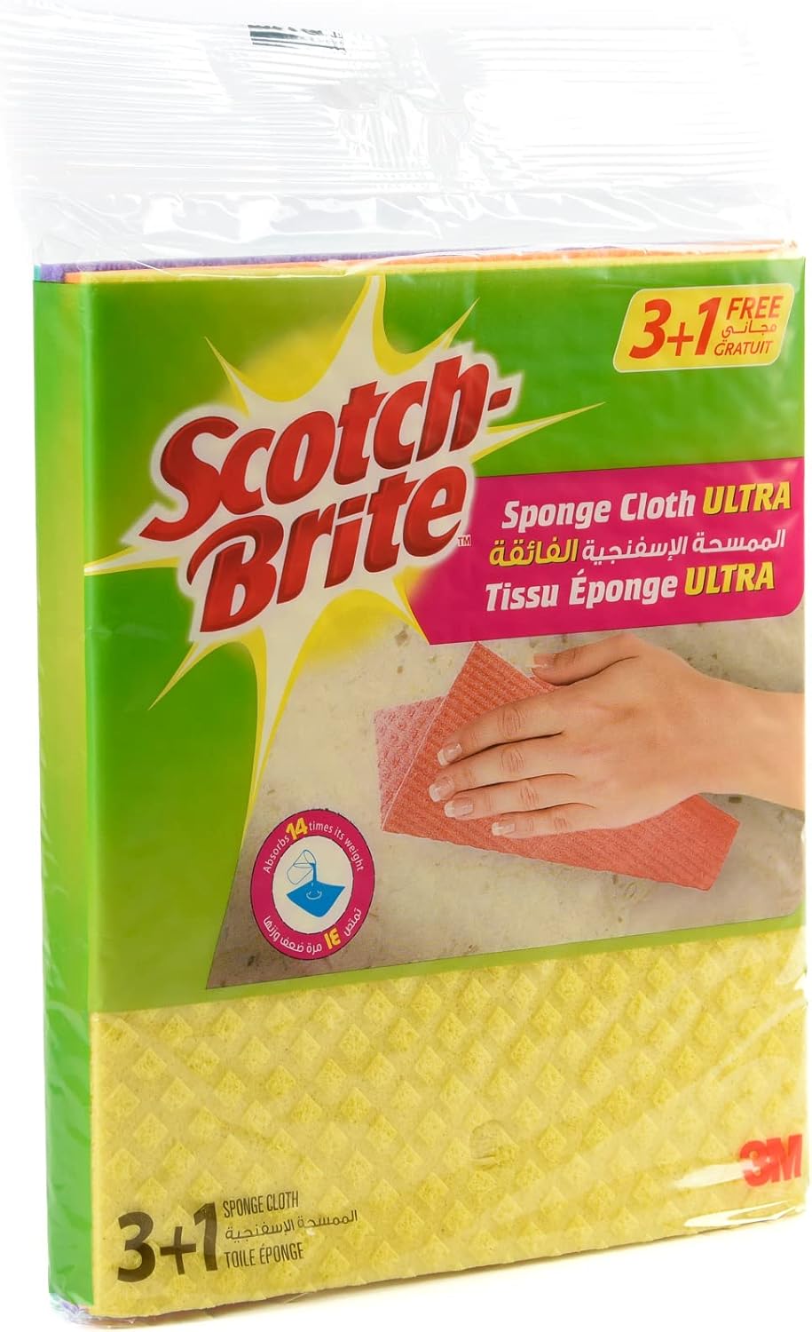 Scotch-Brite Multi-Purpose Sponge Cloth Wipe ULTRA, 4 units (3+1 Free)/pack | Quickly soaks up any liquid | Wipes like a cloth, absorbs like a sponge | Kitchen cloth | Cleaning cloth | Sponge cloth