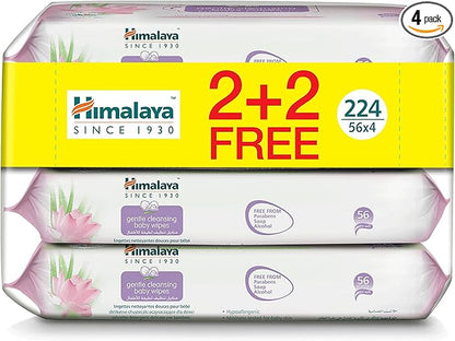 Himalaya Gentle Cleansing Baby Wipes | 56 wipes X 4 packs (224 Wipes) | Mildly Cleanse & Protect Baby's Skin from Dryness | Enriched with Goodness of Aloe Vera & Lotus | Alcohol & Paraben Free