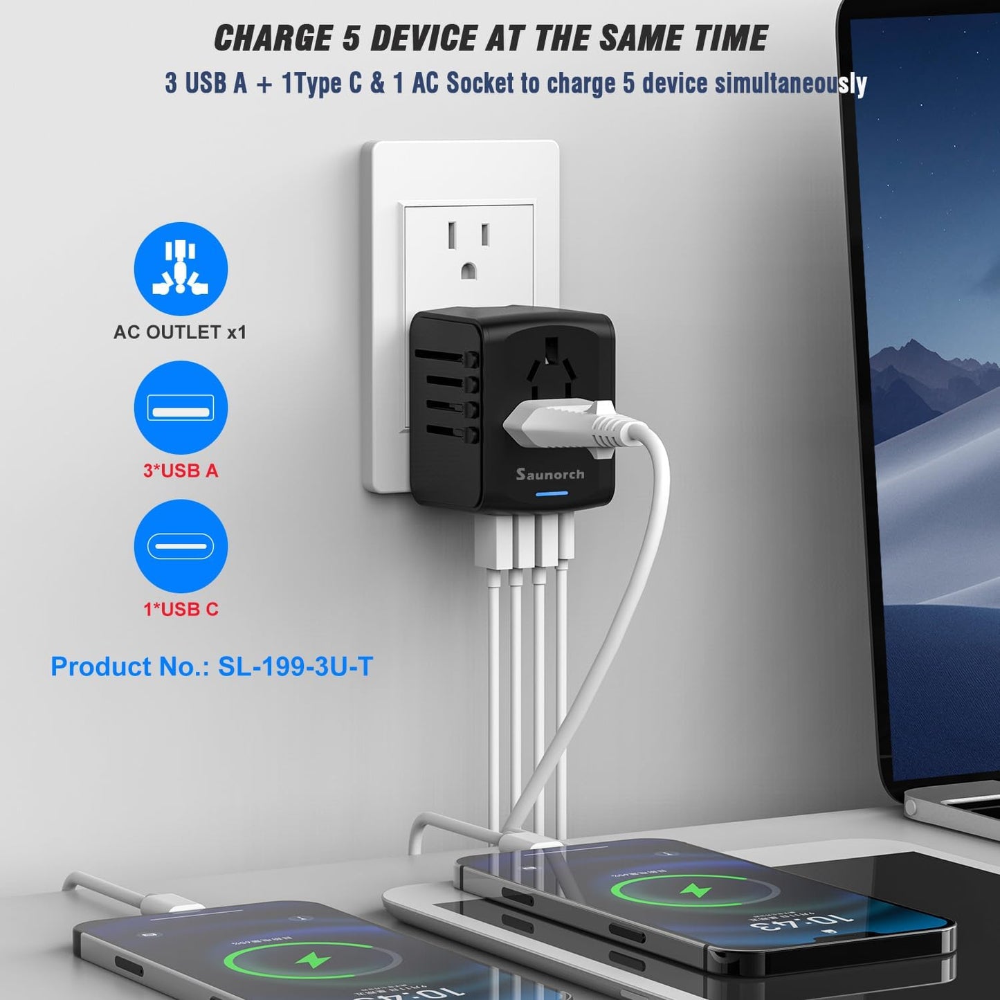 Universal International Travel Power Adapter W/ High Speed 2.4A USB-A, 3.0A USB-C Wall Charger, European Adapter, Worldwide AC Outlet Plugs Adapters for Europe, UK, US, AU, Asia-Black