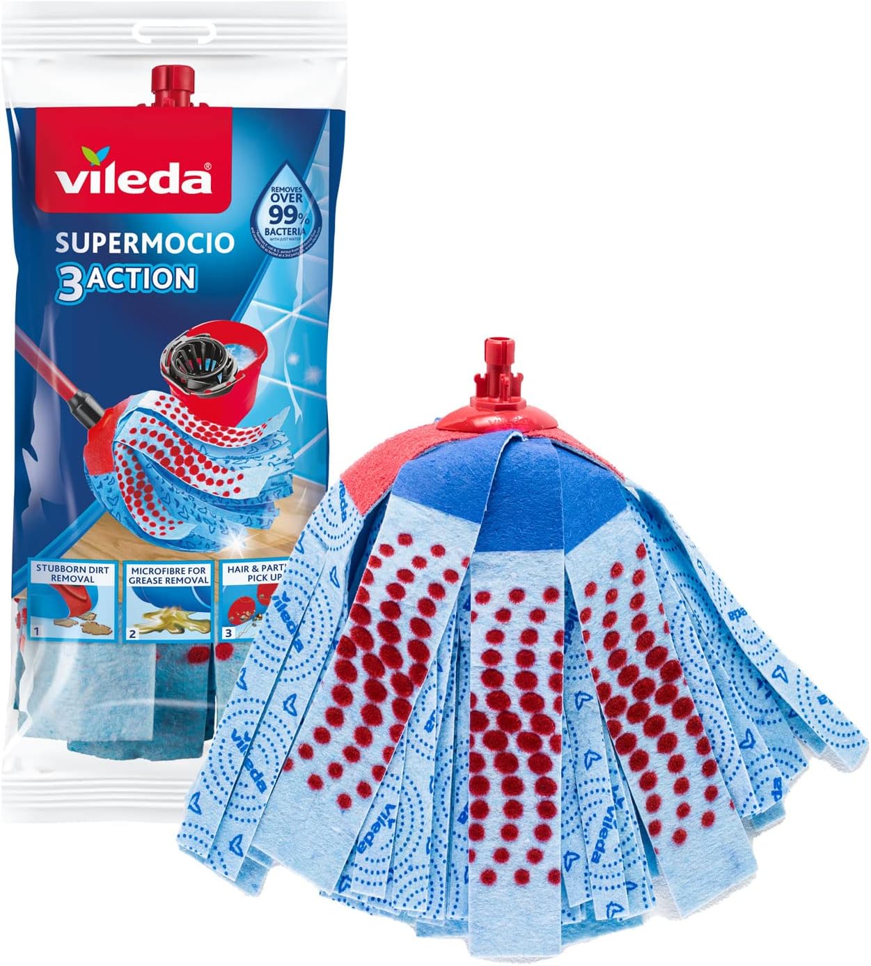 Vileda 3action Supermocio Floor Mop Refill, Versatile, Red Spot Eraser, Blue Microfiber, 3D Red Spots.