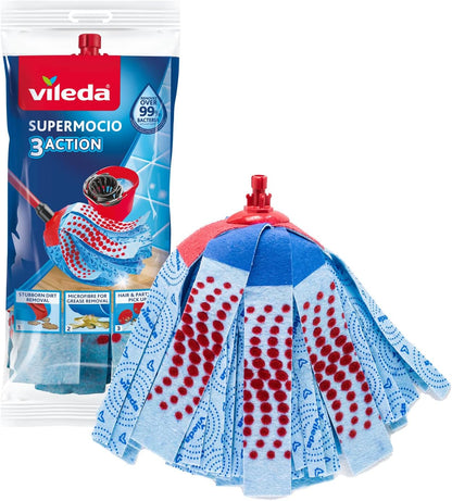 Vileda 3action Supermocio Floor Mop Refill, Versatile, Red Spot Eraser, Blue Microfiber, 3D Red Spots.