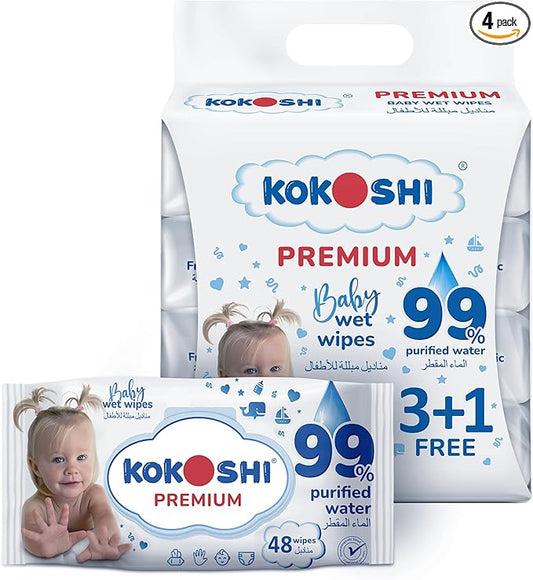 Kokoshi Baby Wet Wipes, 99% Pure Water with Vitamin E, Hypoallergenic, Alcohol & Fragrance Free, 192 Wipes (3+1 Value Pack) for Newborns & Sensitive Skin