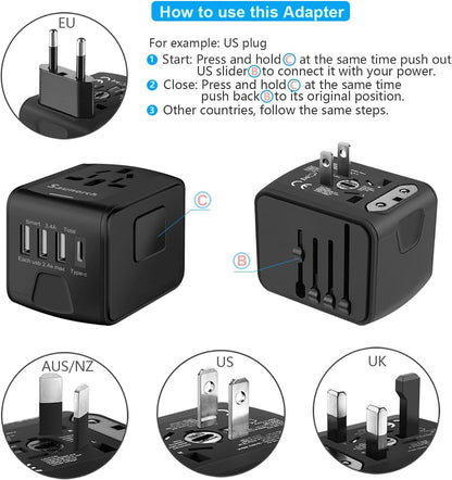 Universal International Travel Power Adapter W/ High Speed 2.4A USB-A, 3.0A USB-C Wall Charger, European Adapter, Worldwide AC Outlet Plugs Adapters for Europe, UK, US, AU, Asia-Black