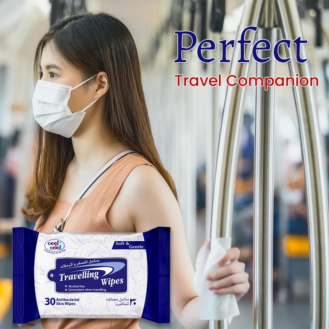Cool & Cool Travelling Wipes - 30's (Pack of 3) - Convenient for Travel,Antibacterial Skin Wipes with Vitamin E,Aloe Vera Gel & Herb Extract,Alcohol-Free,Soft & Gentle - 90 Wipes