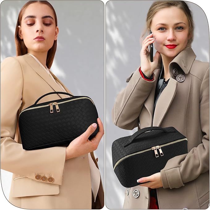 SFXULIX Large Capacity Travel Cosmetic Bag - Makeup Bag, PU Leather Waterproof Cosmetic Bag, Women Portable Travel Makeup Bag With Handle and Divider Flat Lay Makeup Organizer Bag, Black, Fashion