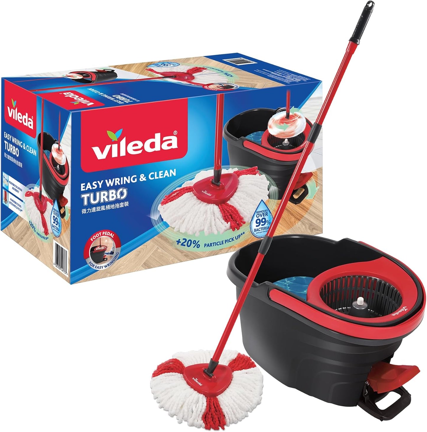 Vileda Easy Wring & Clean spin mop & bucket set with foot pedal | Vileda |3-Piece Handle 130 cm |Floor mop with spinning wringer | Turbo Refill 100% Microfibre mop head |