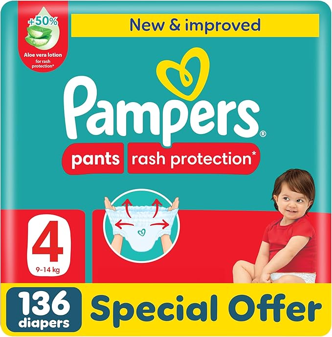 Pampers Rash Protection Pants Diapers, Size 4, 9-14kg, +50% Aloe Vera Lotion, 360° Leak-Free Fit for up to 100% Leakage Protection, Giant Pack, 136 Count