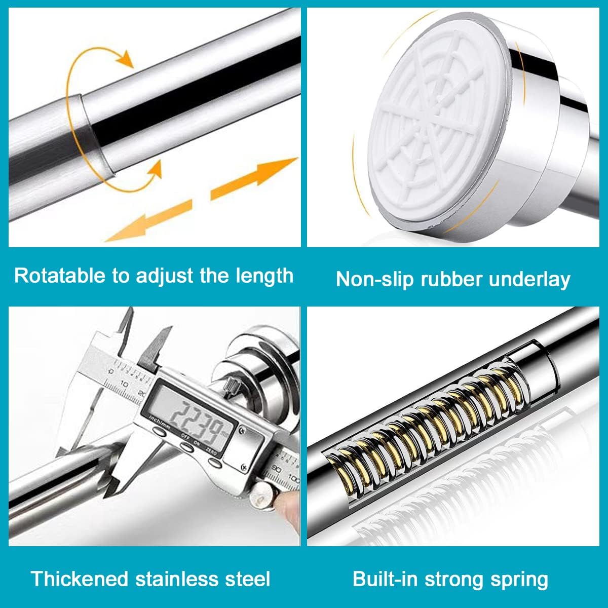 Telescopic Shower Curtain Rod：Never Rust 304 Stainless Steel Tension Spring Curtain Rod - Non-Slip Adjustable Tension Pole –No Drilling Extendable Pole (105-170cm)