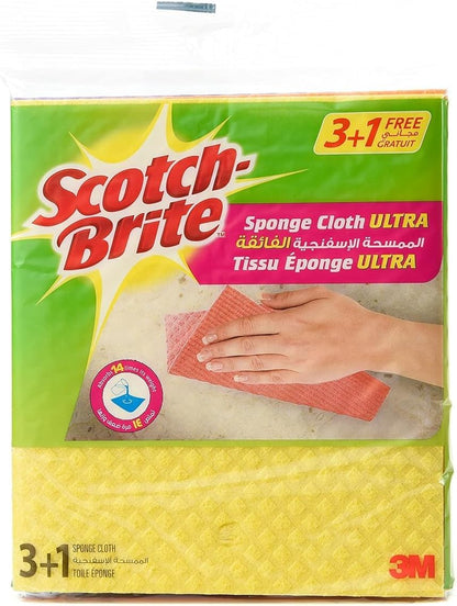 Scotch-Brite Multi-Purpose Sponge Cloth Wipe ULTRA, 4 units (3+1 Free)/pack | Quickly soaks up any liquid | Wipes like a cloth, absorbs like a sponge | Kitchen cloth | Cleaning cloth | Sponge cloth