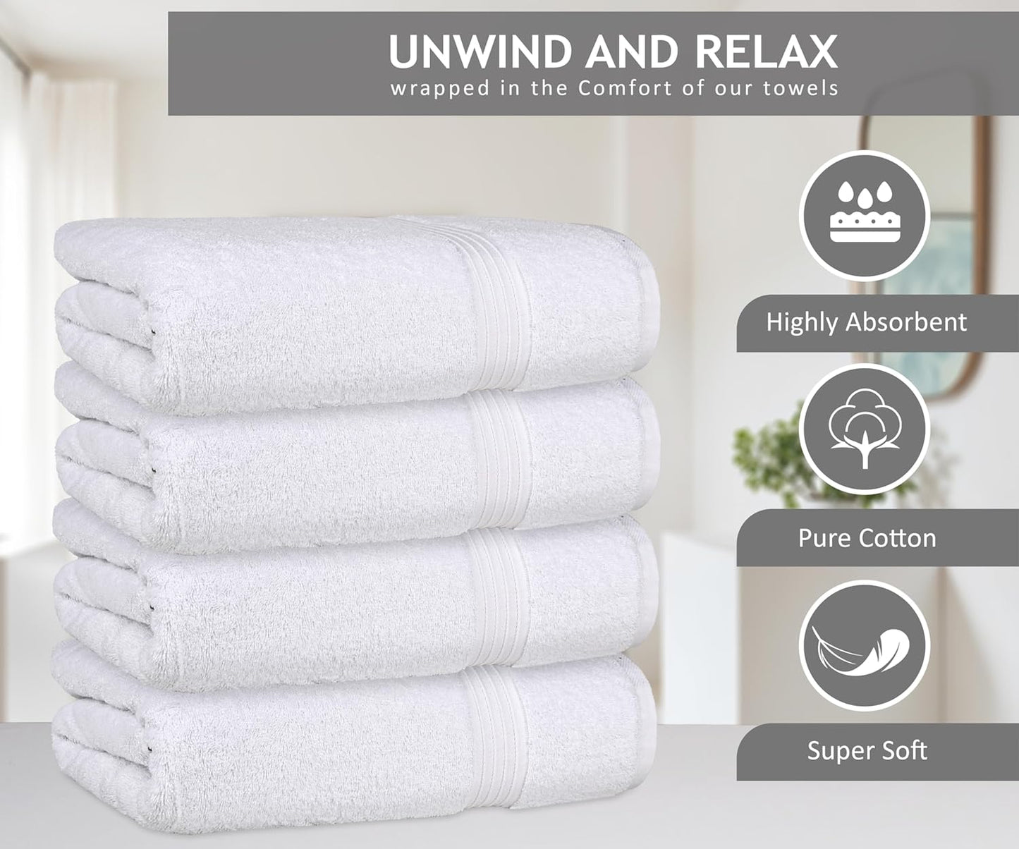 Bliss Casa Bath Towel Set (4 Pack, 70 X 140 cm) - 600 GSM 100% Combed Cotton Quick Drying Highly Absorbent Thick Bathroom Towels - Soft Hotel Quality for Bath and Spa