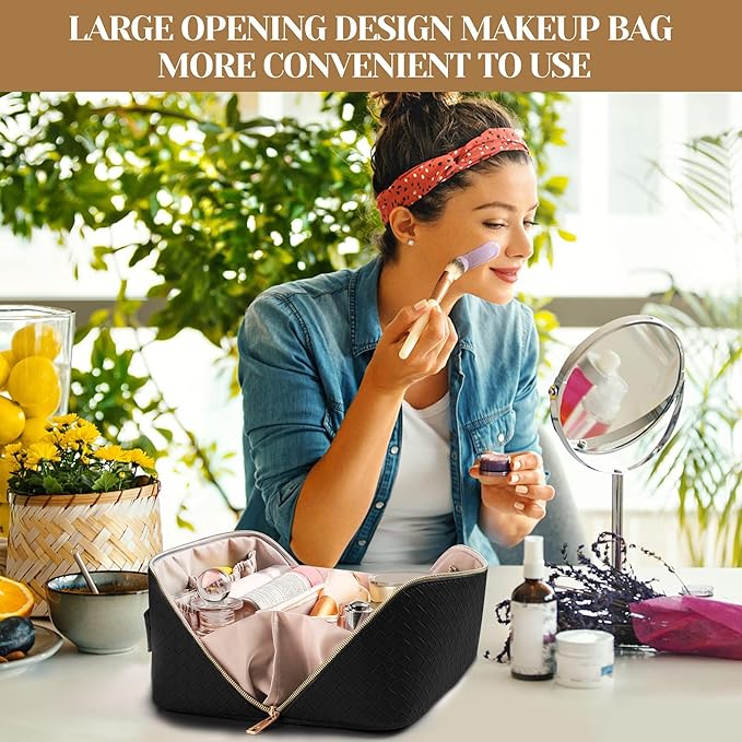 SFXULIX Large Capacity Travel Cosmetic Bag - Makeup Bag, PU Leather Waterproof Cosmetic Bag, Women Portable Travel Makeup Bag With Handle and Divider Flat Lay Makeup Organizer Bag, Black, Fashion