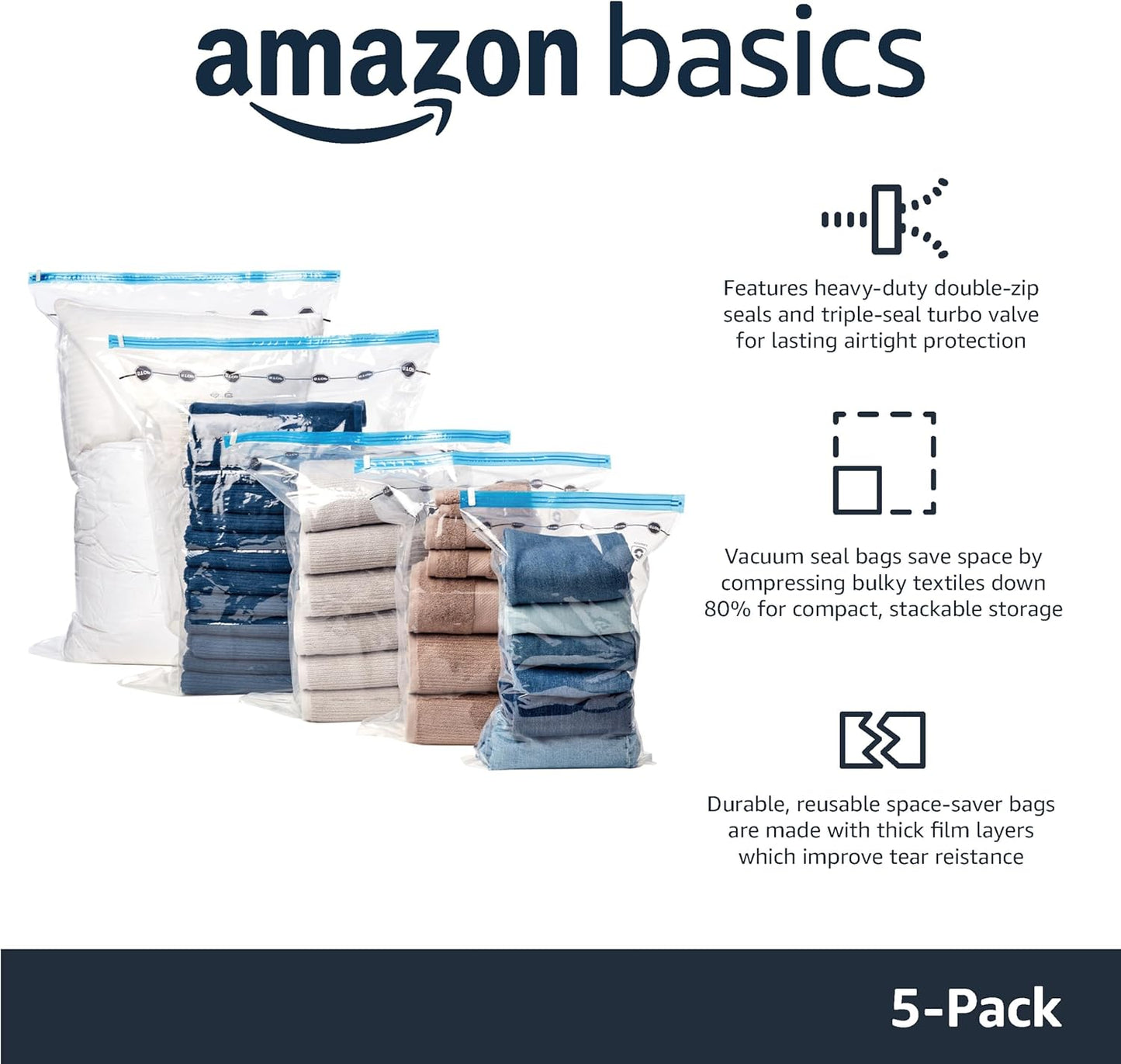 Amazon Basics Vacuum Compression Zipper Storage Bags with Airtight Valve and Hand Pump, Medium, 5-Pack, Clear